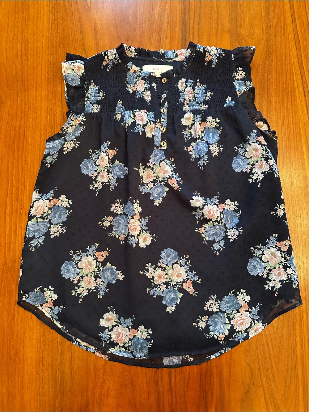 LOFT Navy Floral Ruffle Sleeve Tank Top size small